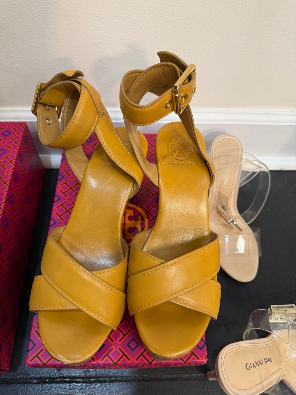 Tory Burch Mustard Yellow Leather Crisscross Ankle-Strap Heels